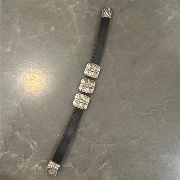 None Jewelry - Black Leather Bracelet with Silver Accents